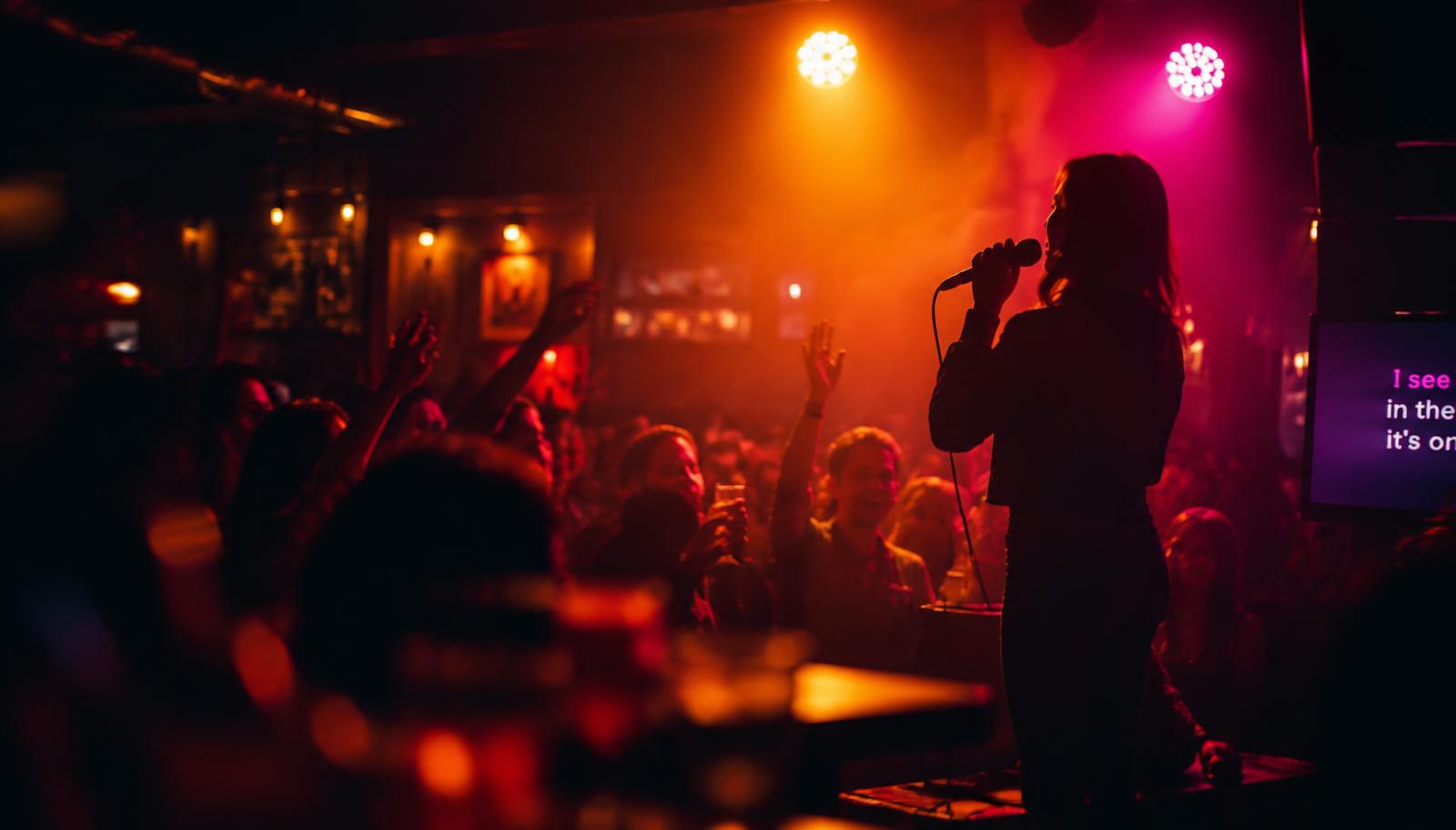 Karaoke singer performing to a crowd
